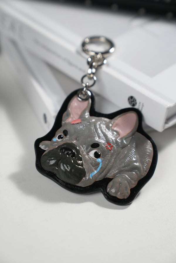 French Bulldog Keychain 3D Handmade Leather Carving Bag Charm